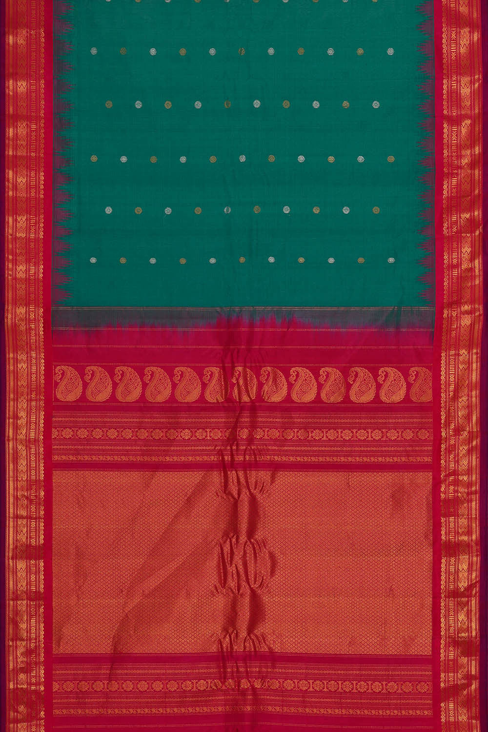 Image of Gadwal Silk Cotton Peacock Green Saree